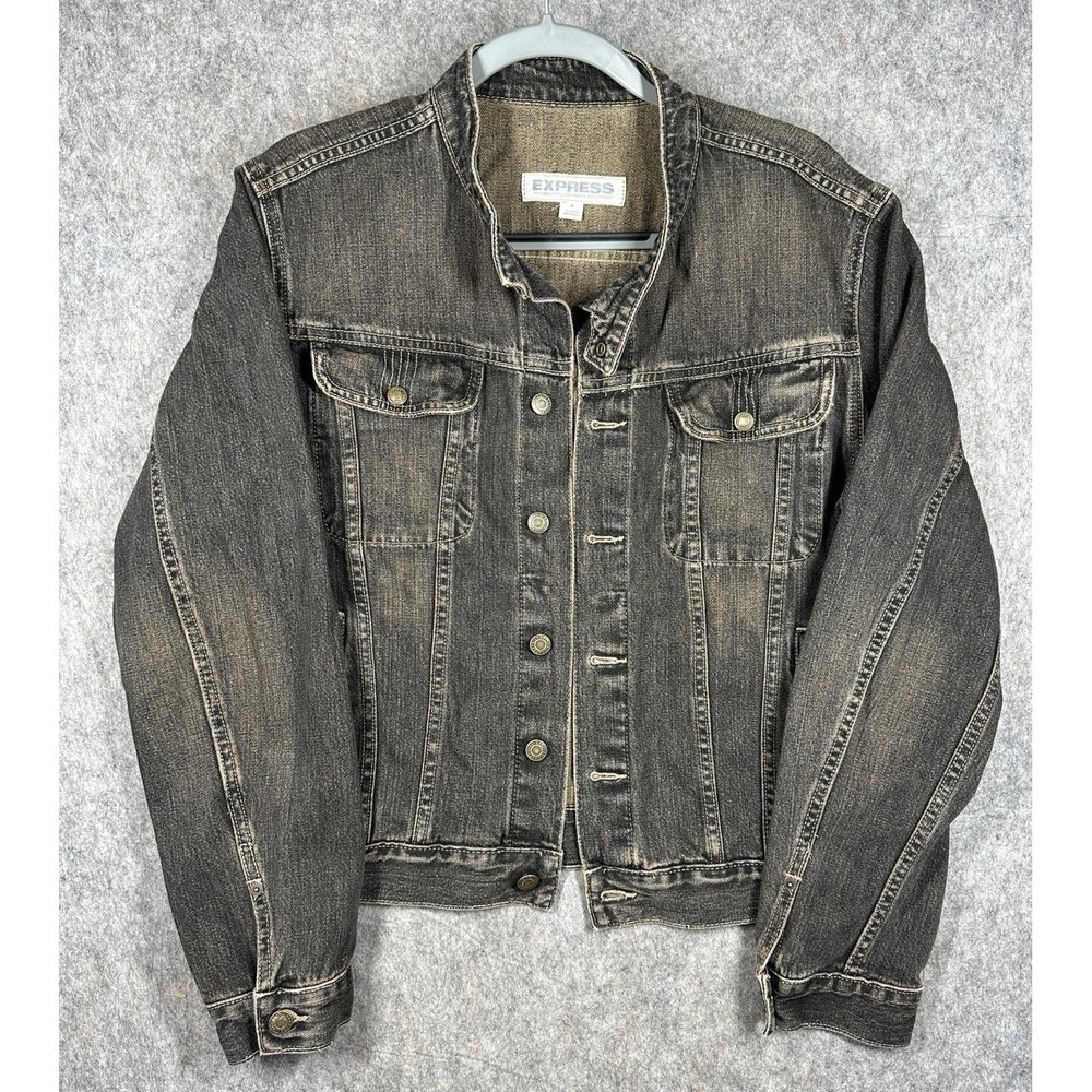 Express Denim Jacket Mens Medium Black Brown Faded Trucker Y2K Style
